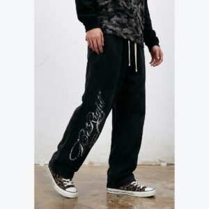 Unisex Vintage Wash Graphic Barrel-Leg Pants – 9503