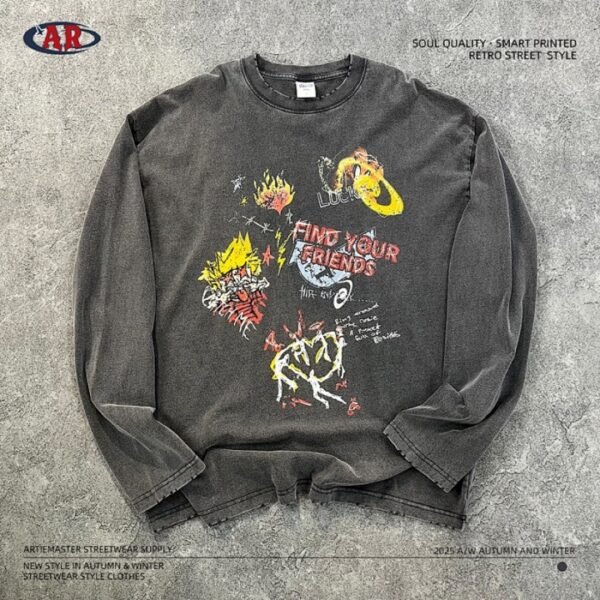 Unisex Vintage Wash Graphic Long Sleeve T-Shirt – Y23