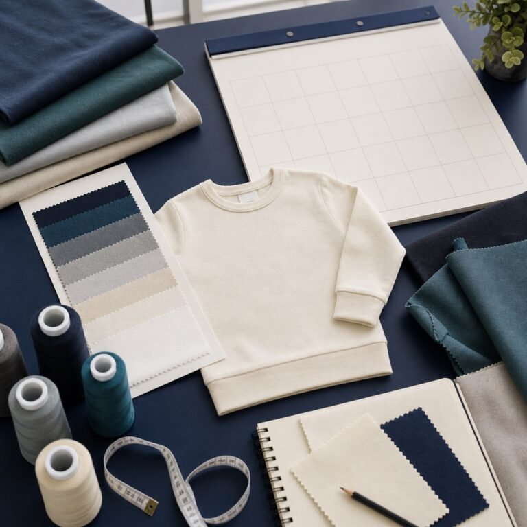 Apparel production planning desk with calendar, fabric swatches and garment development materials