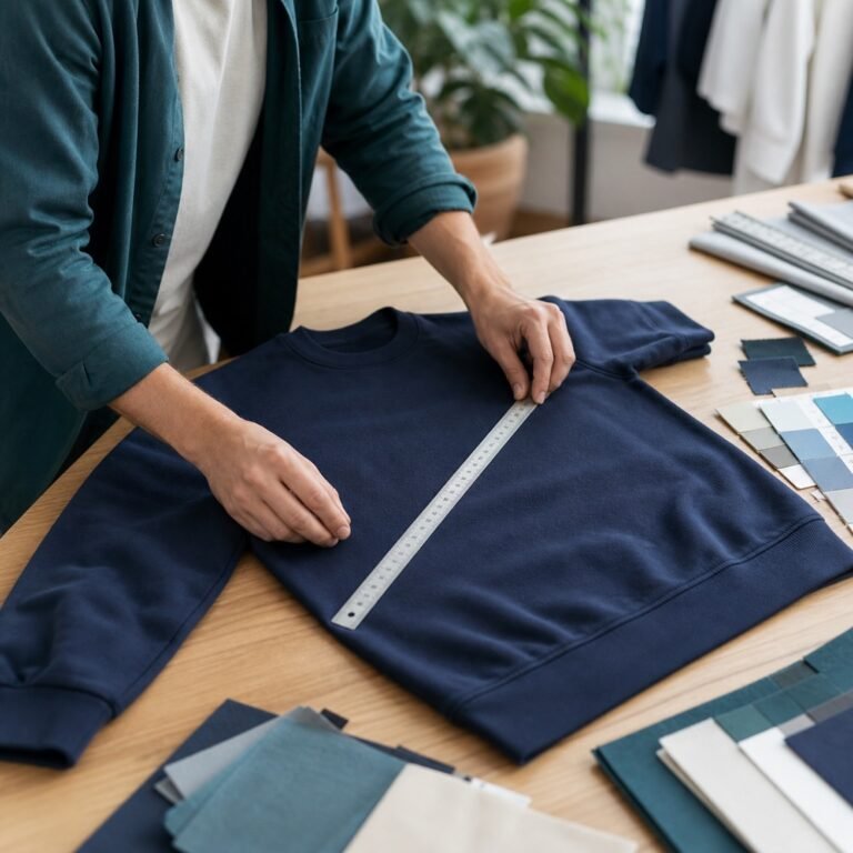 Apparel quality specialist checking a garment sample against measurements and construction details