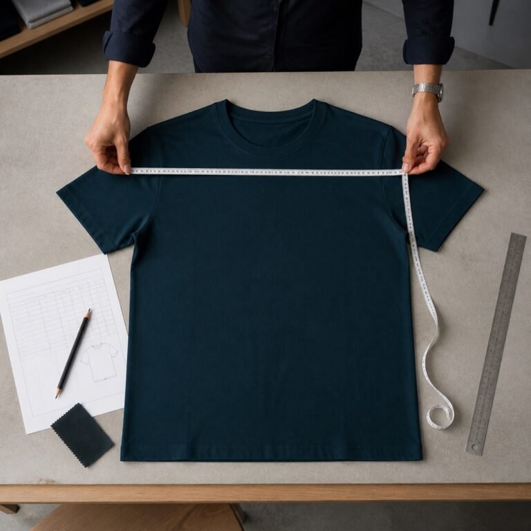 Apparel developer measuring a T-shirt beside a garment specification sheet