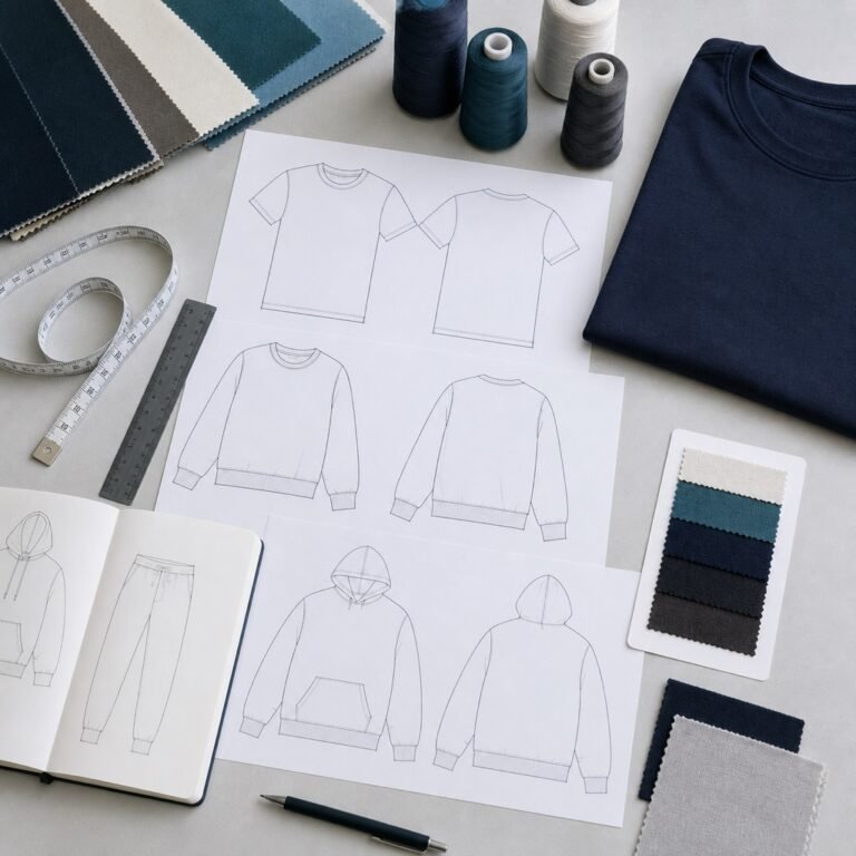 Apparel designer preparing a technical specification pack with garment sketches and fabric swatches