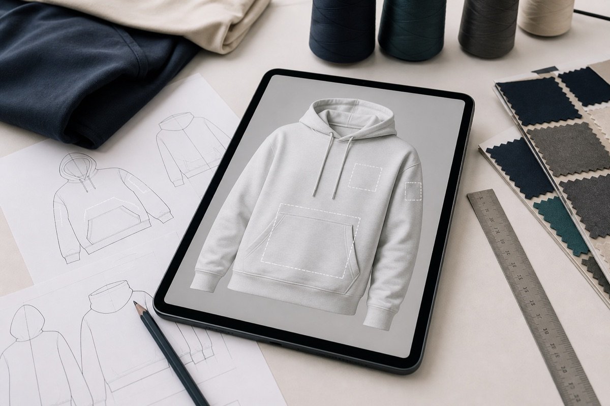 Hoodie artwork mockup with placement guides and technical sketches