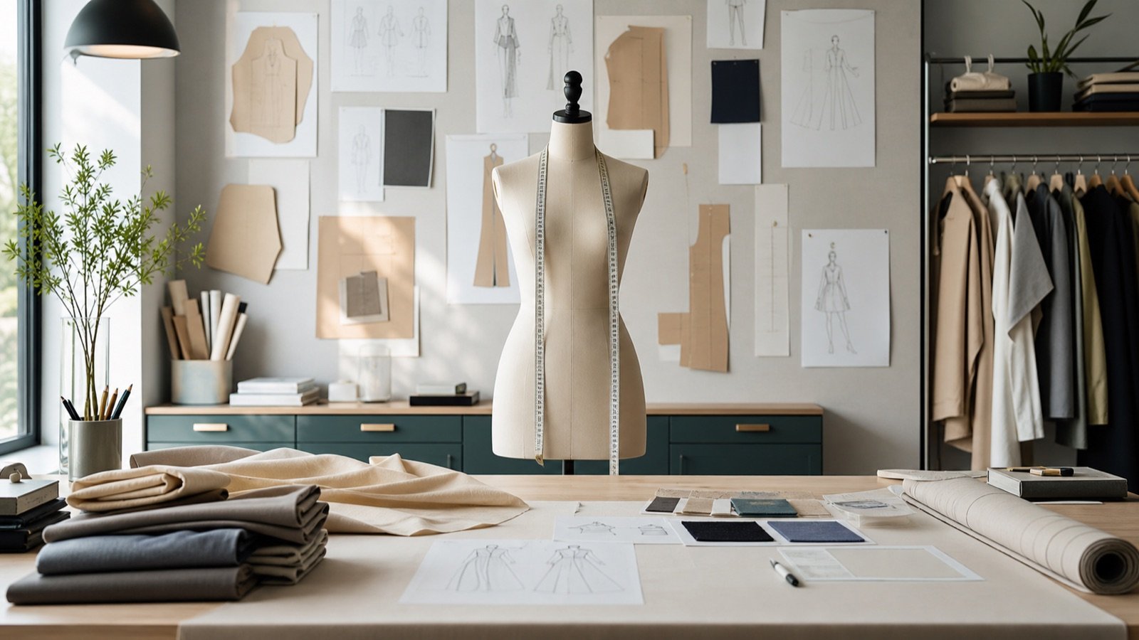 Apparel product development studio with patterns, fabrics and dress form