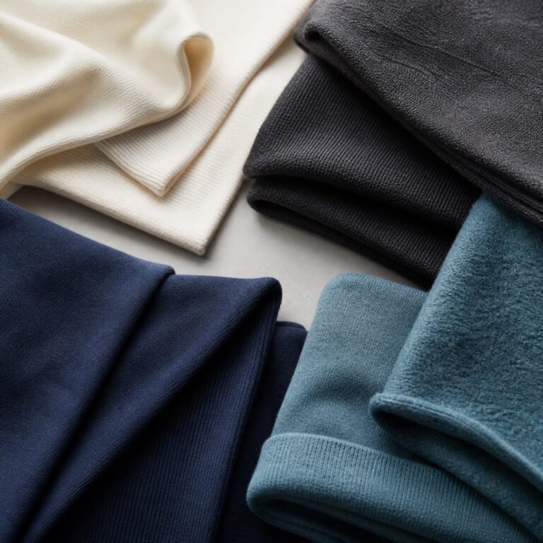 Fabric selection workspace with T-shirt and hoodie materials in coordinated neutral colors