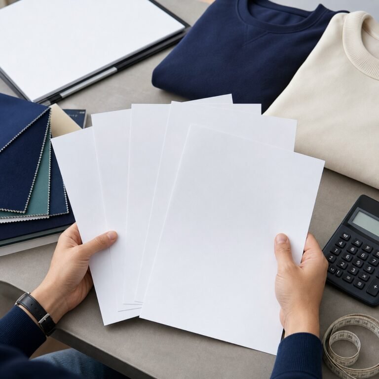 Buyer comparing structured clothing manufacturer quotations with apparel samples and material specifications