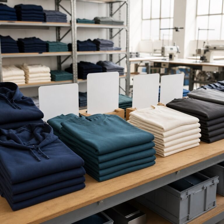 Organized apparel production quantities and folded garments prepared for order planning