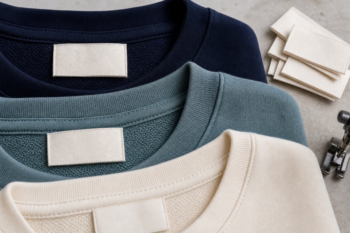Blank custom woven main labels sewn into sweatshirt necklines