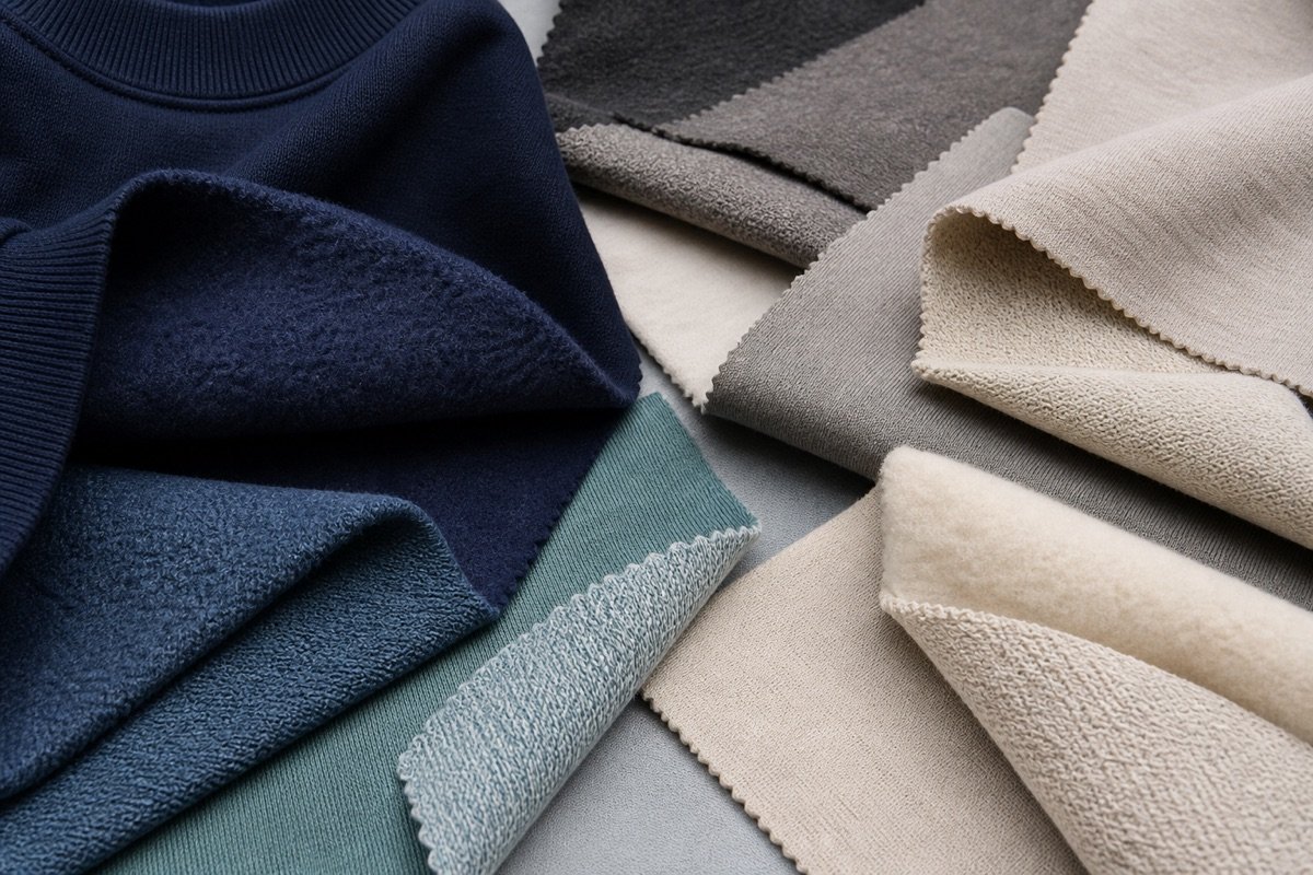 Close-up selection of fleece, French terry and jersey knit fabrics