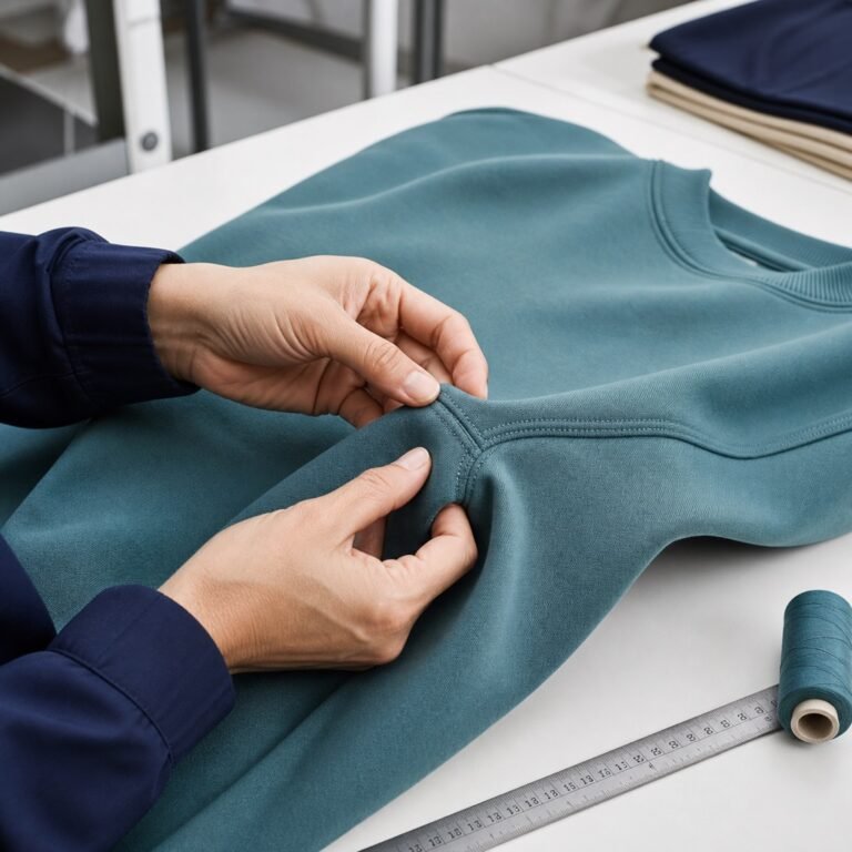 Garment quality inspector reviewing seam construction and measurements on a finished apparel sample