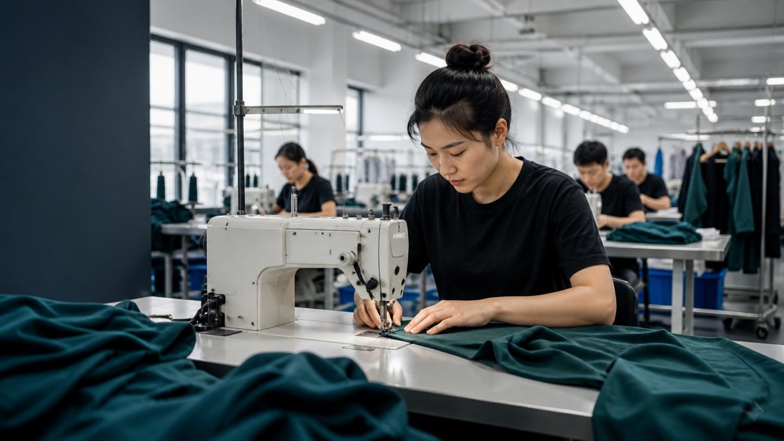 Apparel manufacturing team sewing garments in a modern factory