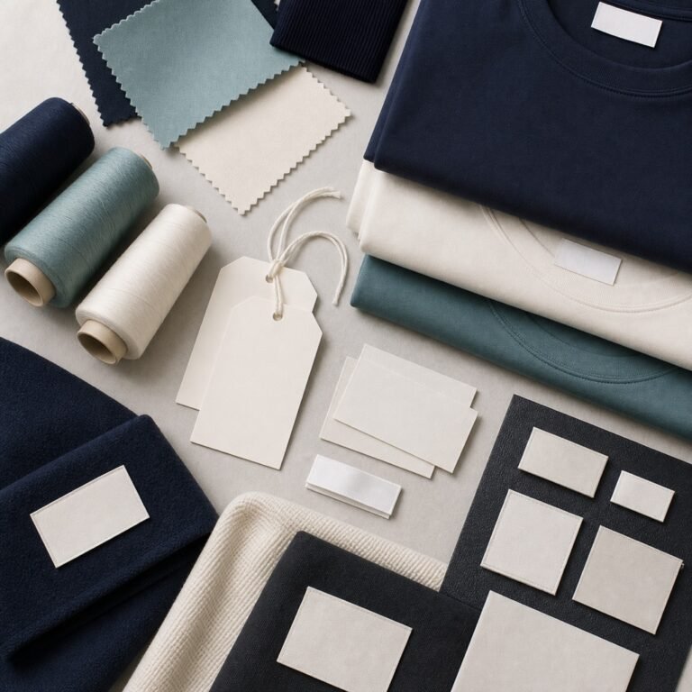 Private label apparel branding options including woven labels, packaging and garment decoration samples