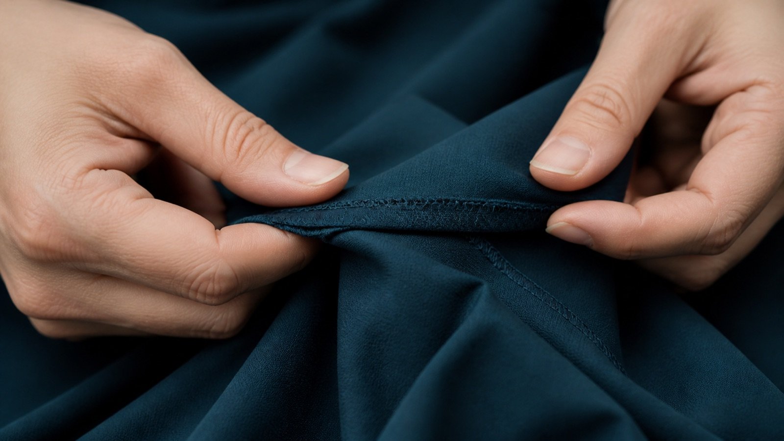 Garment construction being inspected for stitching quality