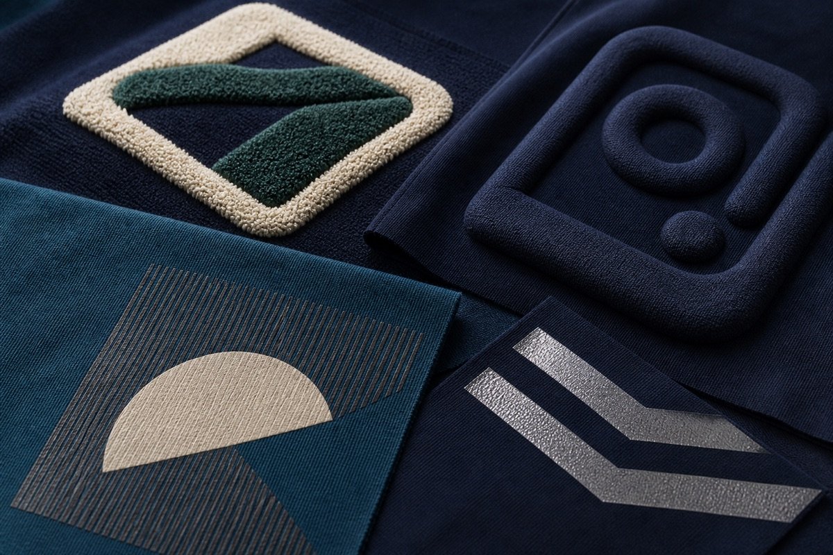 Chenille embroidery, puff embroidery and specialist printing samples