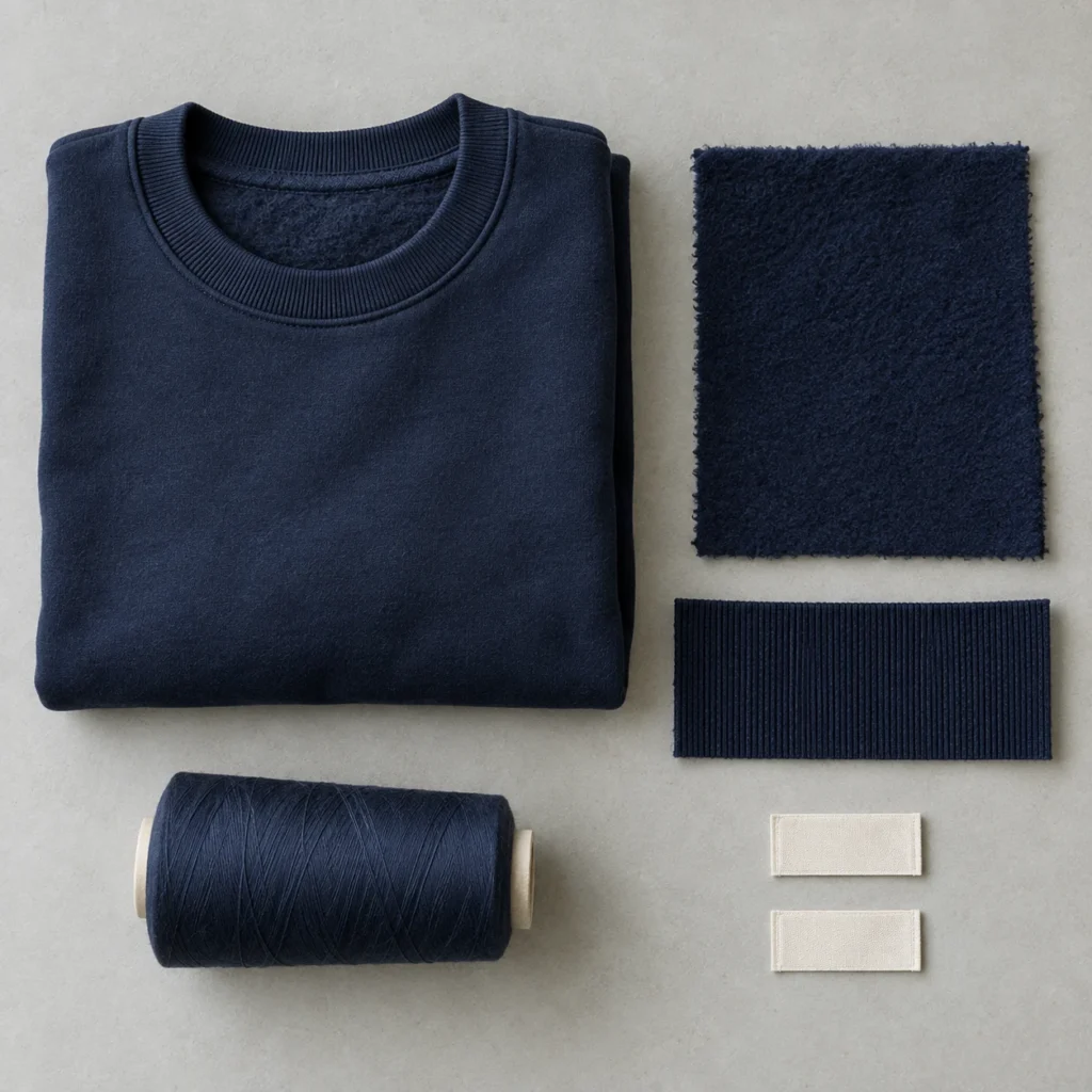 Navy sweatshirt with fabric, rib, thread and blank label components