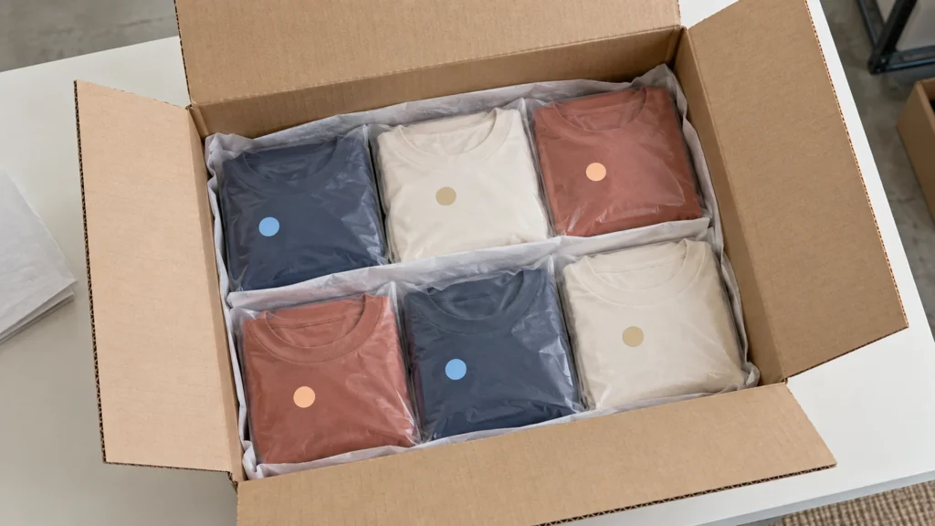 Six folded apparel units in protective sleeves arranged inside an open shipping carton