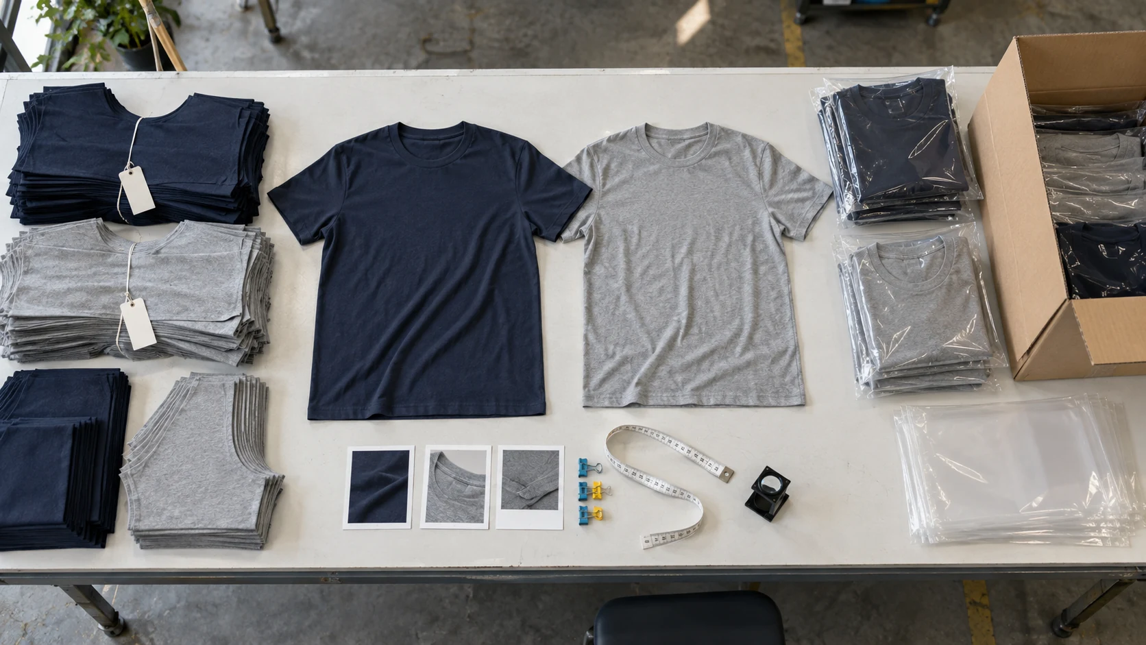 Apparel production stages shown with cut fabric panels, sewn shirts and packed garments