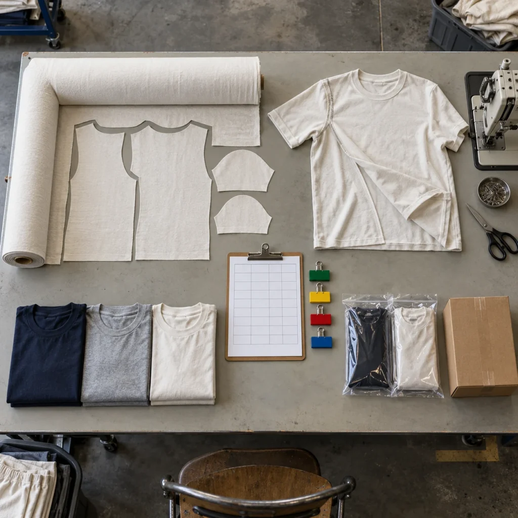 Apparel production stages arranged from cut panels to packed garments