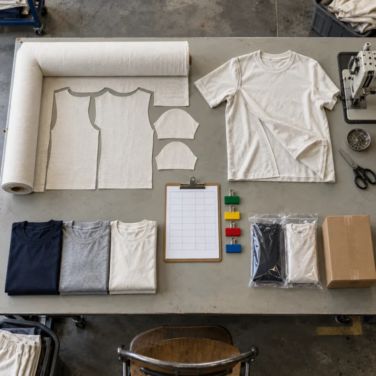 Apparel production stages arranged from cut panels to packed garments