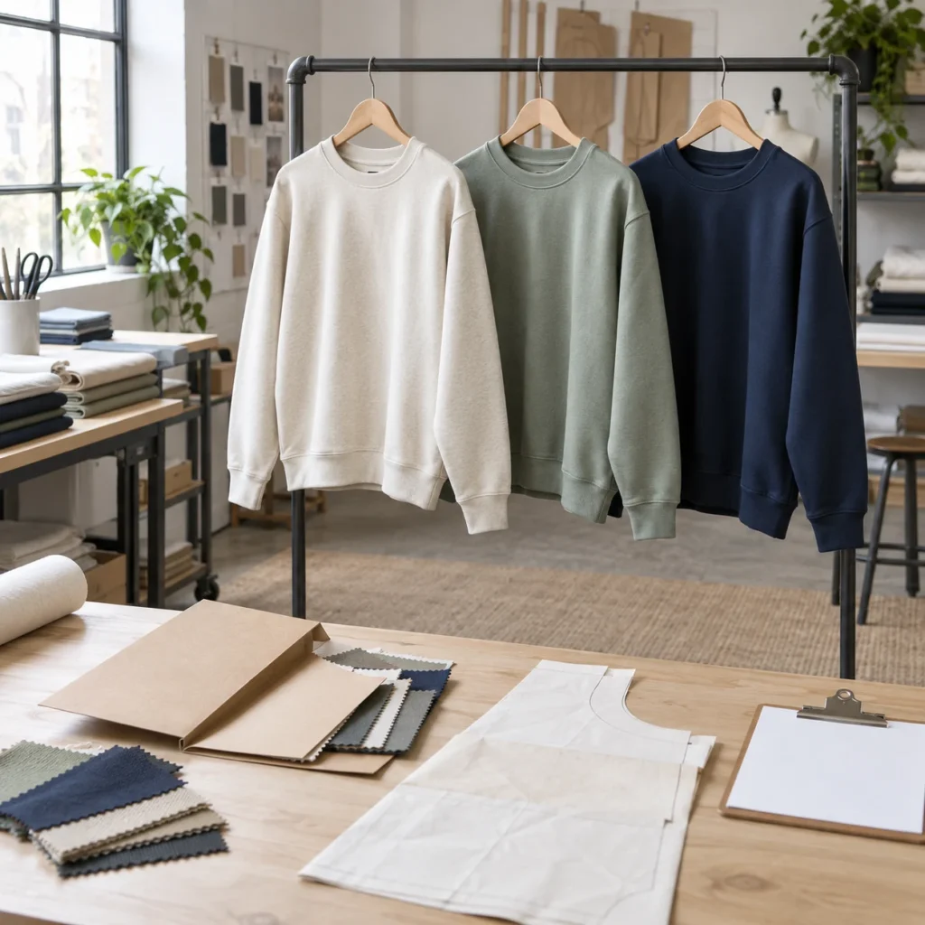 Three crewneck sweatshirt samples on a rack above a table with fabric swatches and paper patterns