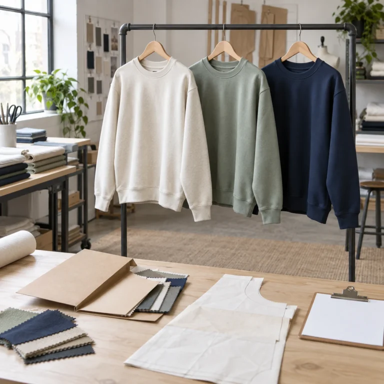 Three crewneck sweatshirt samples on a rack above a table with fabric swatches and paper patterns
