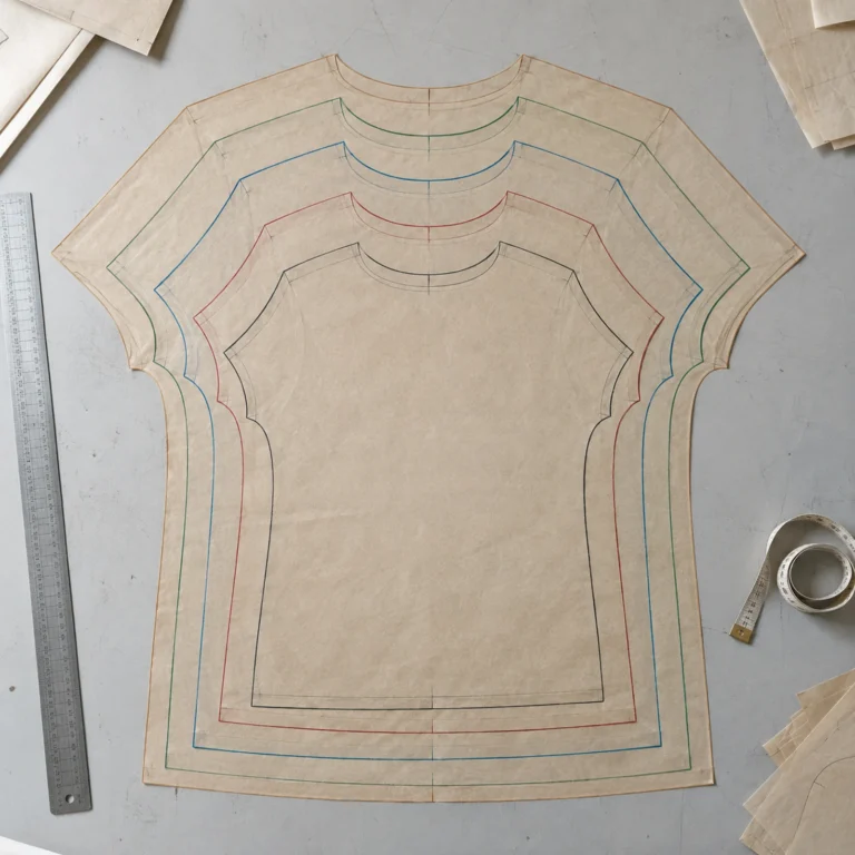 Nested T-shirt paper patterns in graduated sizes on an apparel development table