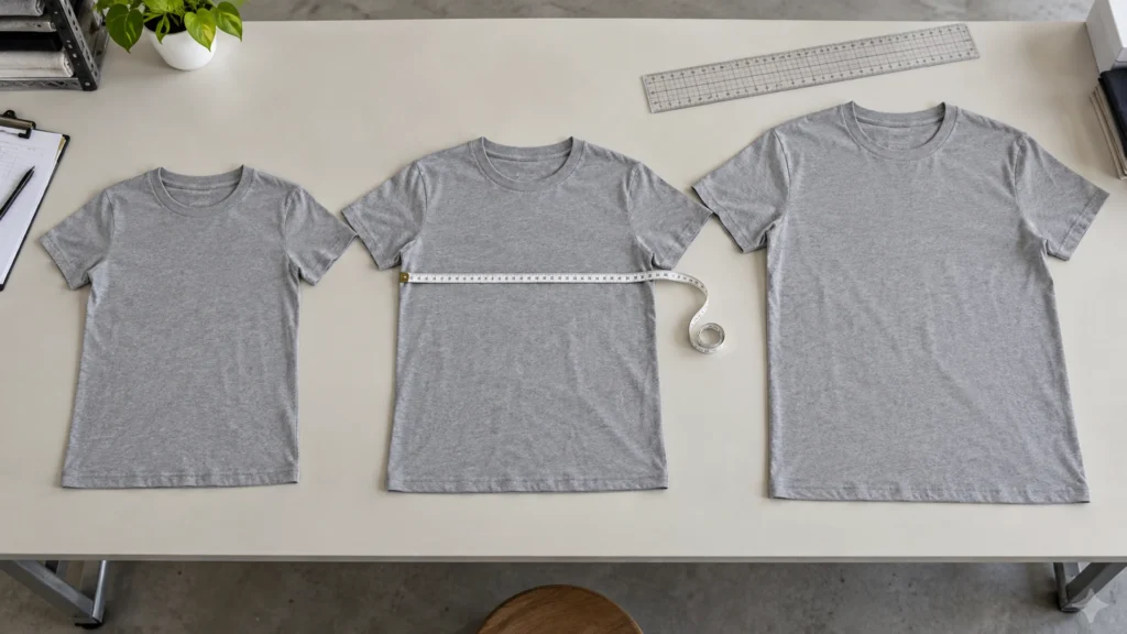 Three proportionally graded cotton T-shirts arranged for size-set measurement