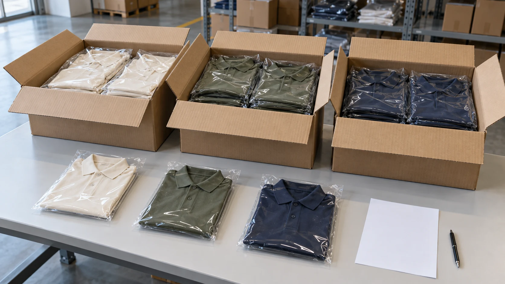 Folded garments selected from several open cartons for an inspection