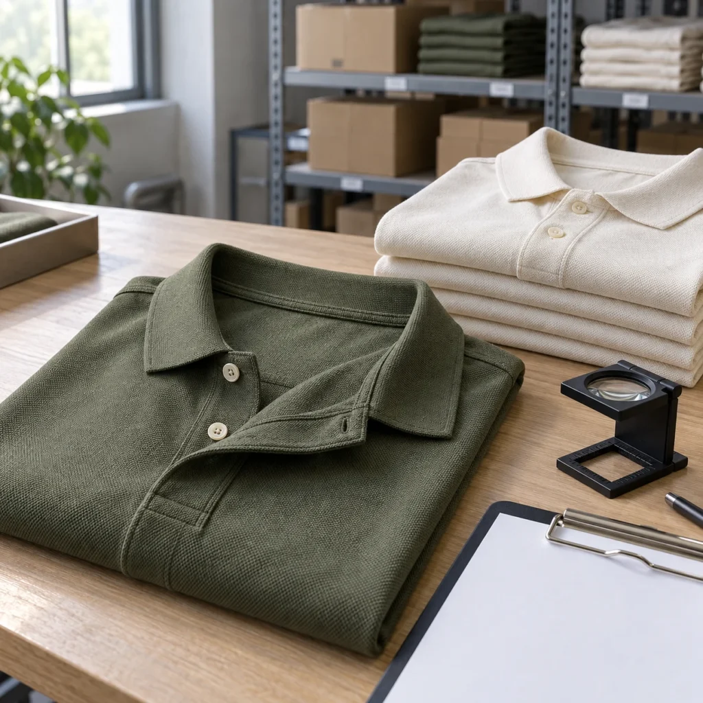 Olive and cream polo shirts with a magnifier on an inspection bench