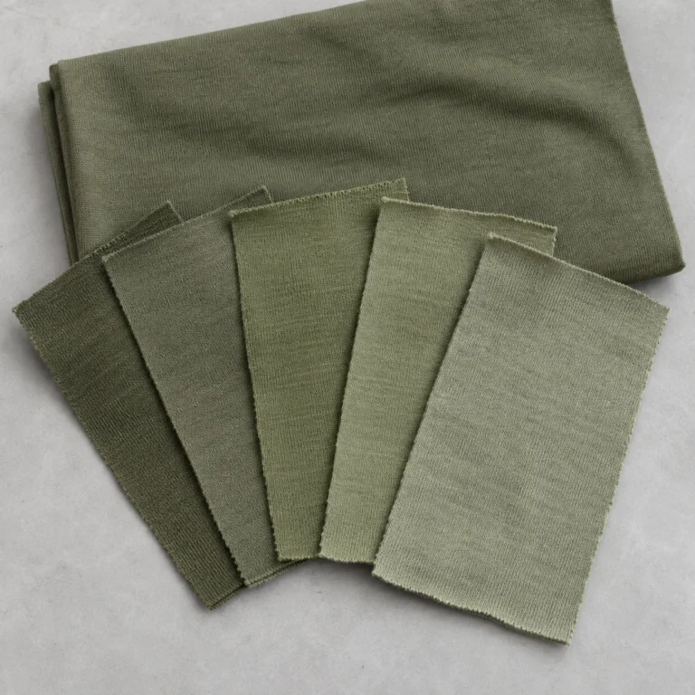 Olive jersey fabric swatches in several shades arranged over folded fabric