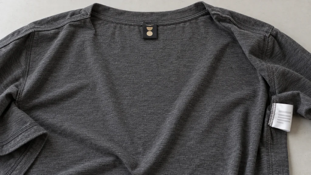 Inside of a charcoal knit garment showing a woven neck label and a separate printed side-seam label