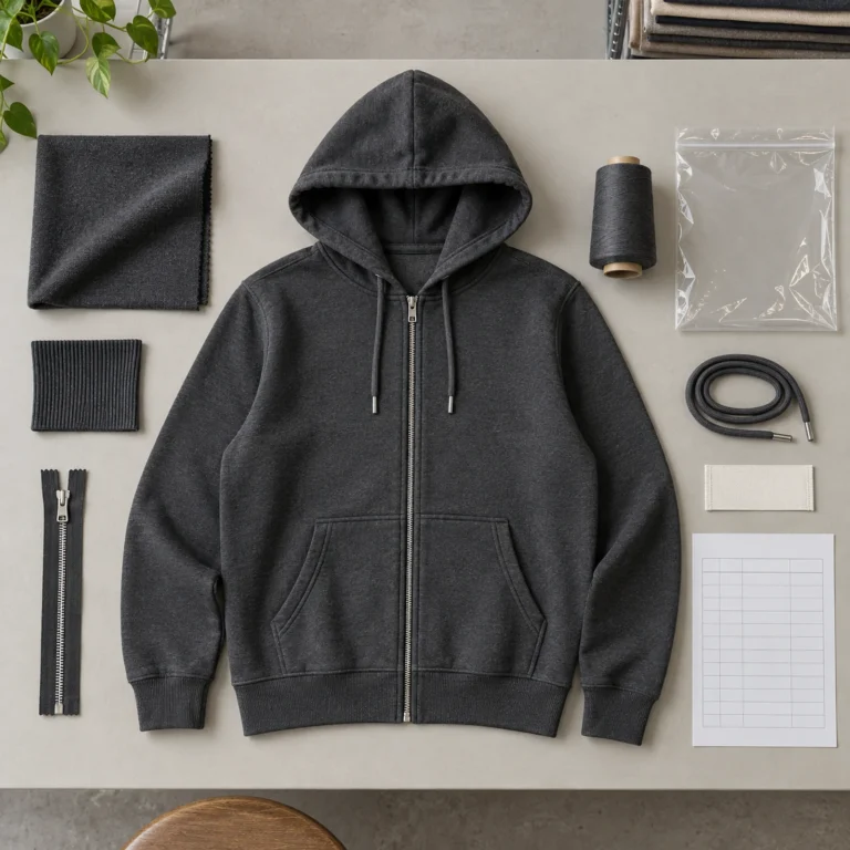 Custom clothing cost drivers shown with a blank hoodie, fabric, trims and packaging