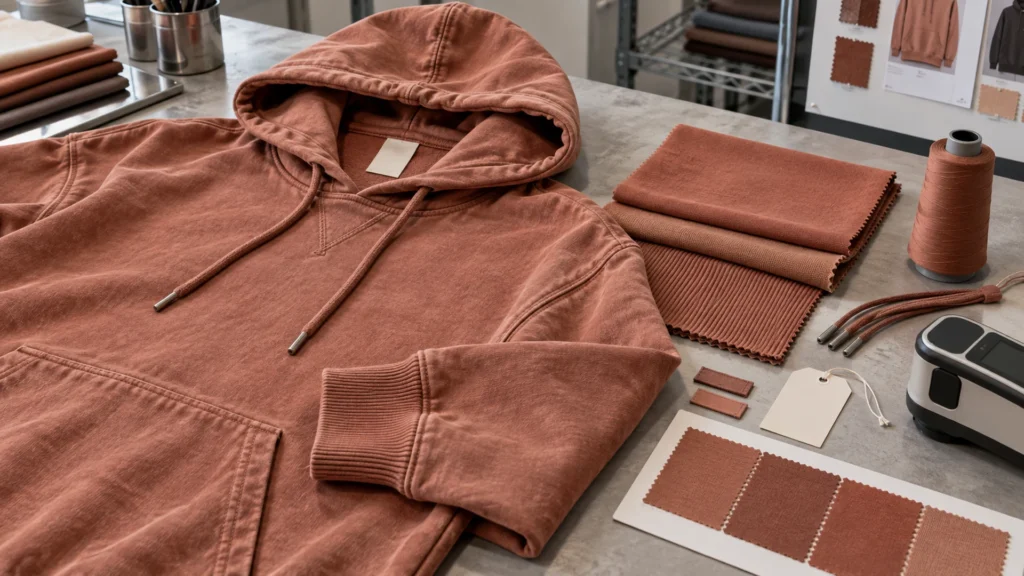 Garment dye approval set with a hoodie, rib swatches, sewing thread and shade samples