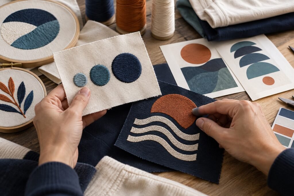 Embroidery and print samples being reviewed for custom garment decoration