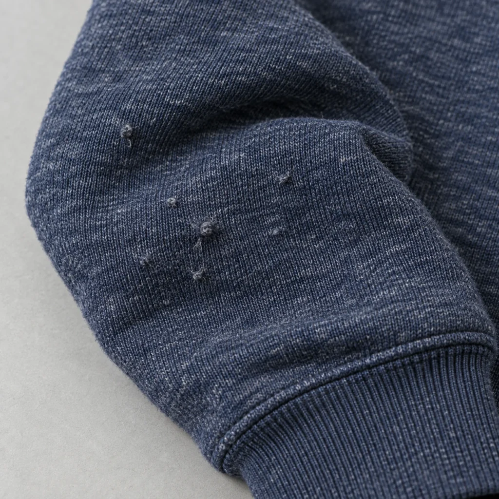 Navy knit sleeve with a rib cuff and small attached fiber pills