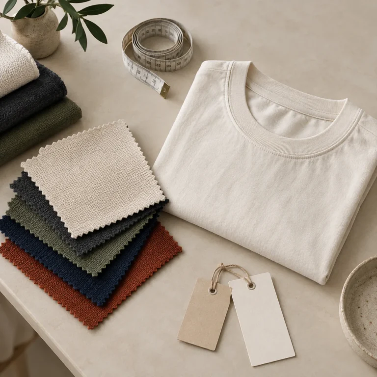 Fabric swatches, a blank garment sample and measurement tools arranged for apparel sourcing review