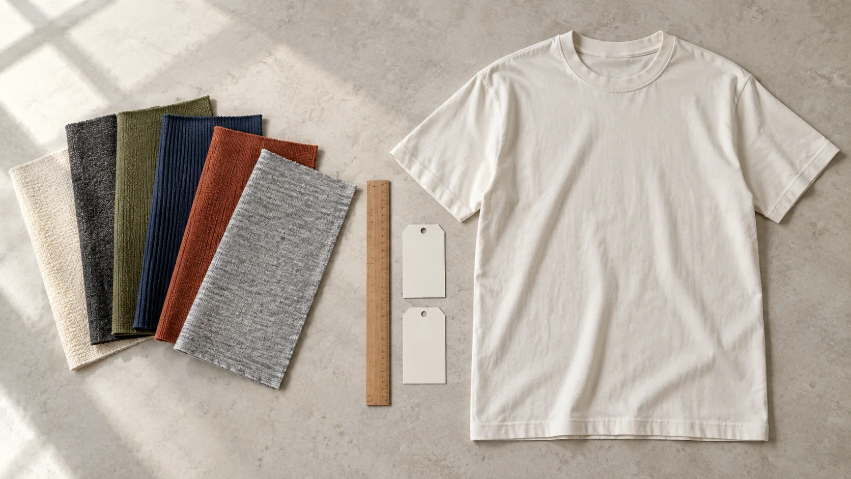 A fabric swatch selection and an unbranded garment sample prepared for sourcing review.