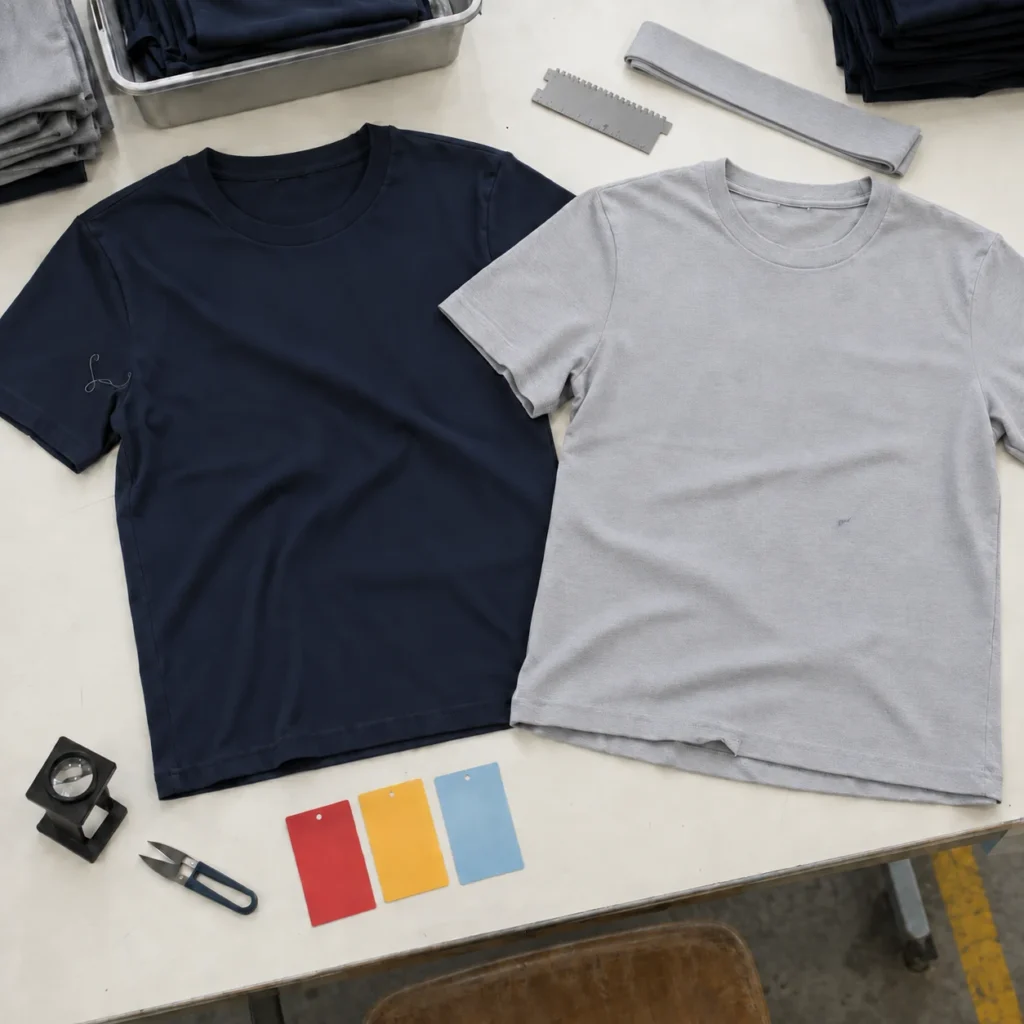 Two T-shirts arranged on a garment defect inspection table with quality tools and colored cards