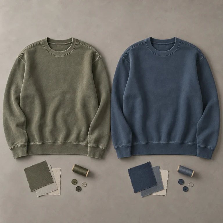 Garment-dyed olive sweatshirt beside a uniformly piece-dyed blue sweatshirt