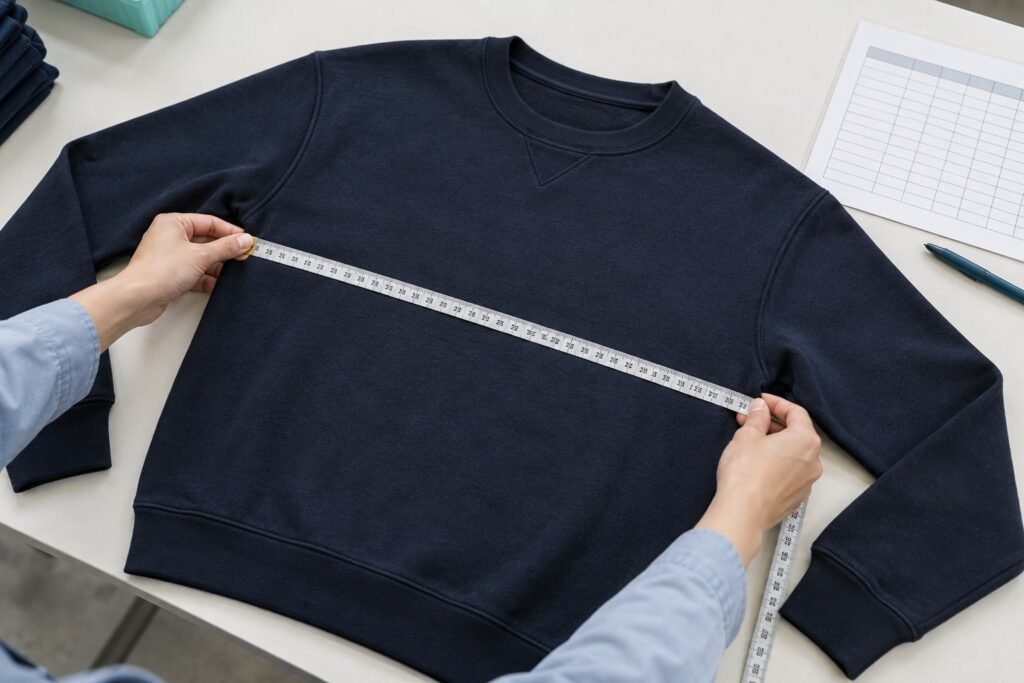 Sweatshirt measurements being checked against a specification sheet
