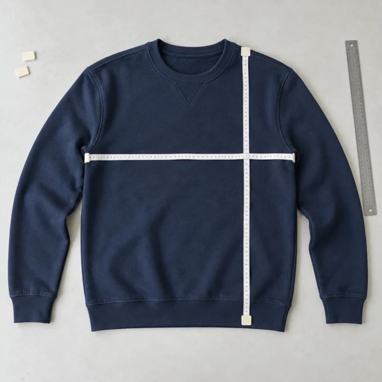 Navy sweatshirt measured across the chest and body length on a garment quality control table