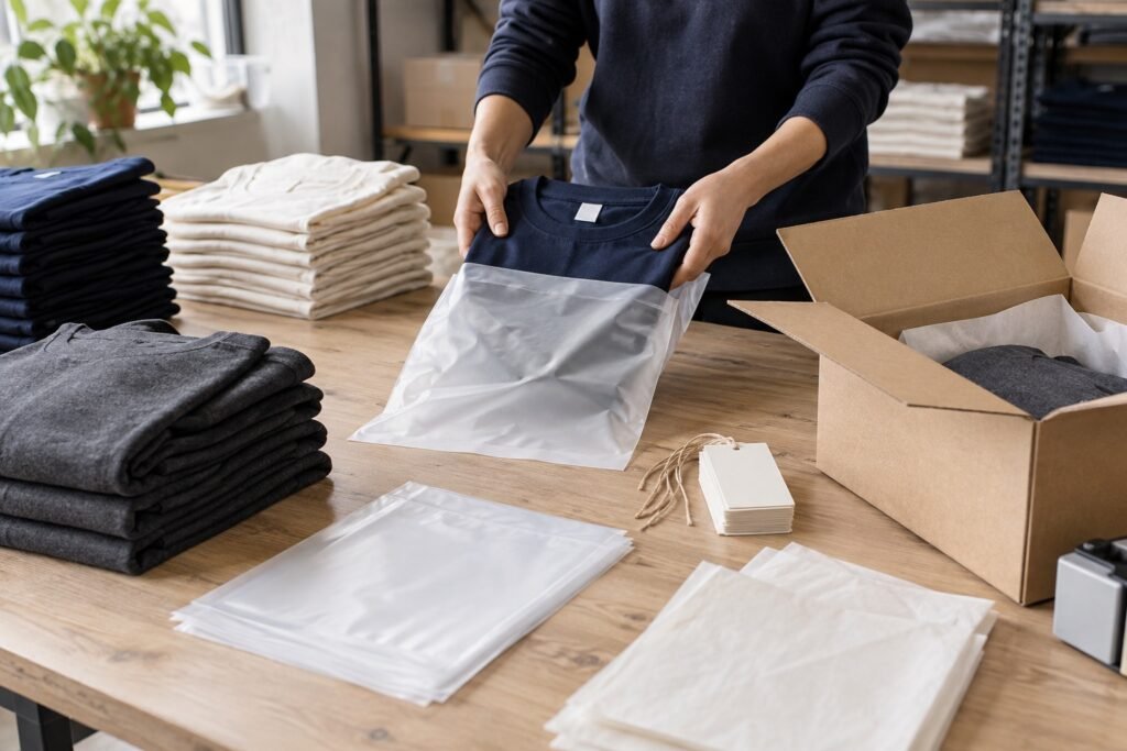 Blank garments being folded and prepared for packing