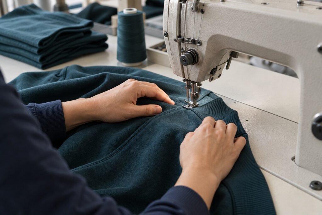 Sweatshirt seam being sewn during garment construction