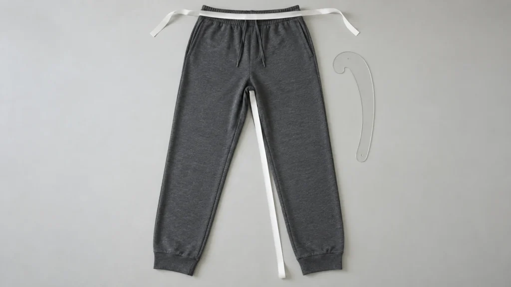 Charcoal joggers laid flat with measurement tapes positioned at the waistband and inseam