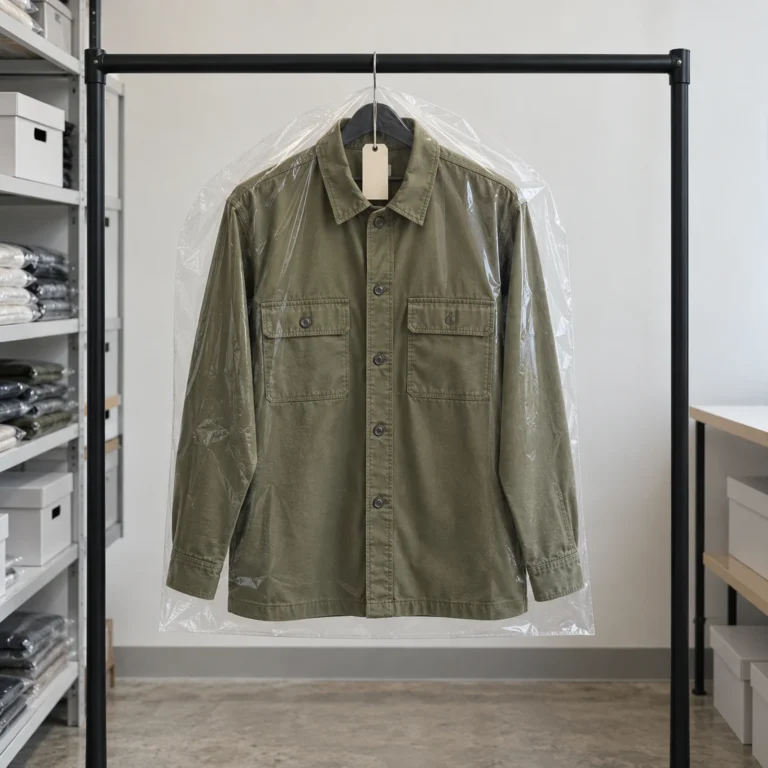 Olive overshirt protected in a clear garment bag with a blank control tag on a sample archive rack