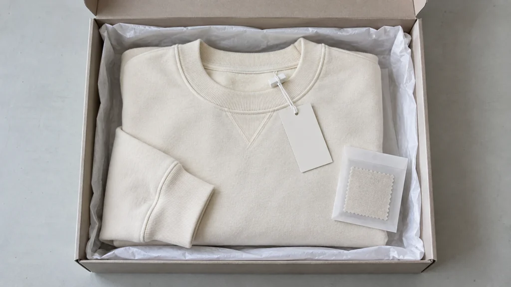 Folded cream sweatshirt stored in a protective sample archive box with a blank custody tag