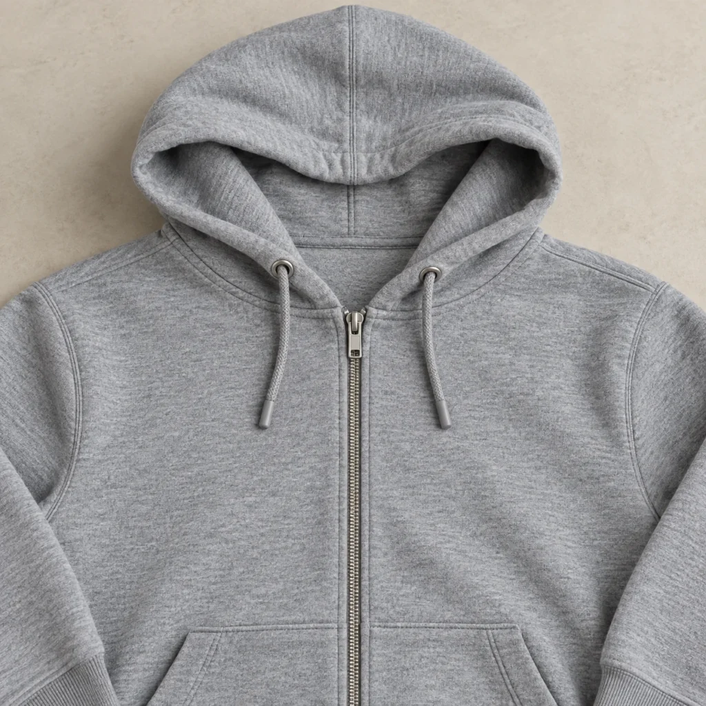 Gray adult zip hoodie with drawcords, metal eyelets and a center-front zipper