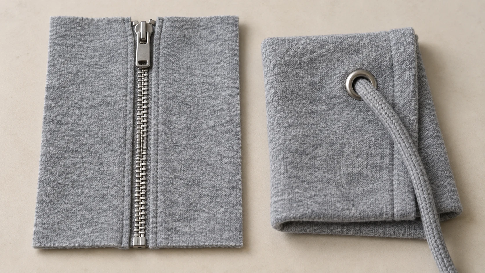 Gray fleece samples showing an installed metal zipper and a cord through an eyelet