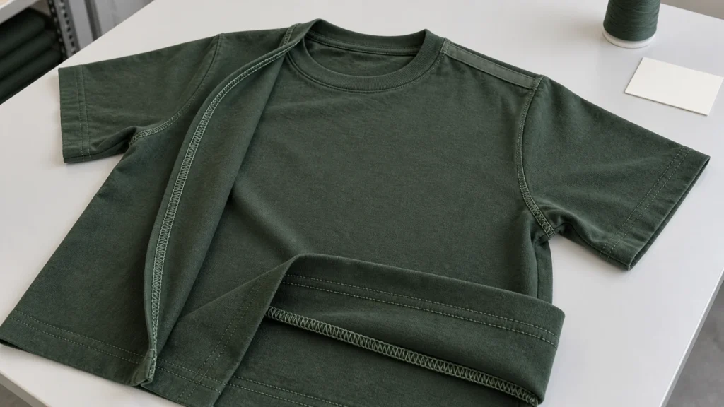 Inside of a green knit T-shirt showing overlocked seams and a coverstitched hem