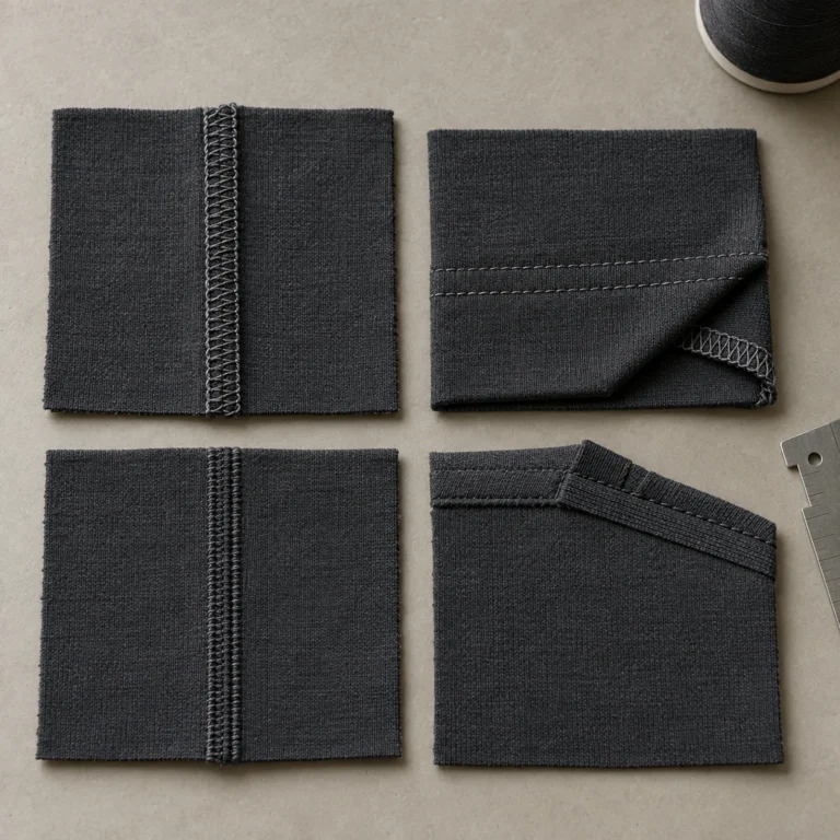 Four charcoal knit fabric samples showing different sewn seam and hem constructions